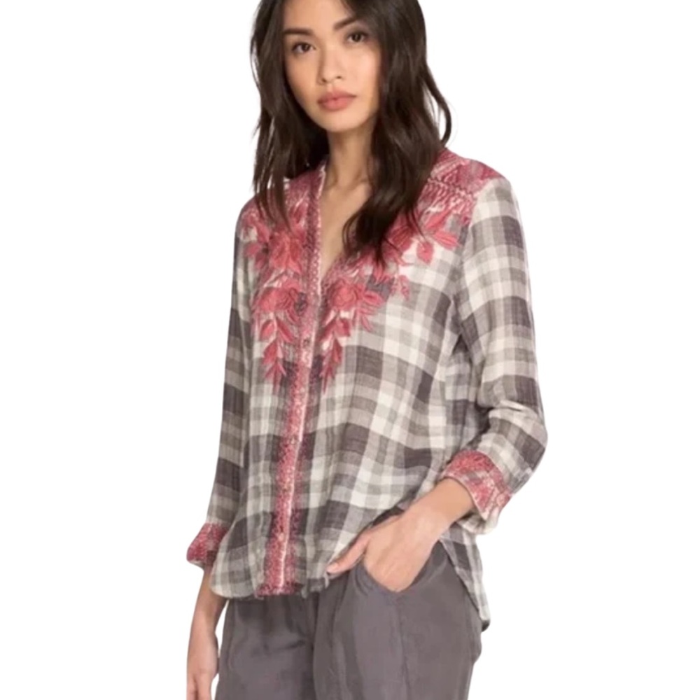 Johnny Was Josiane embroidered plaid top 🌸🌸